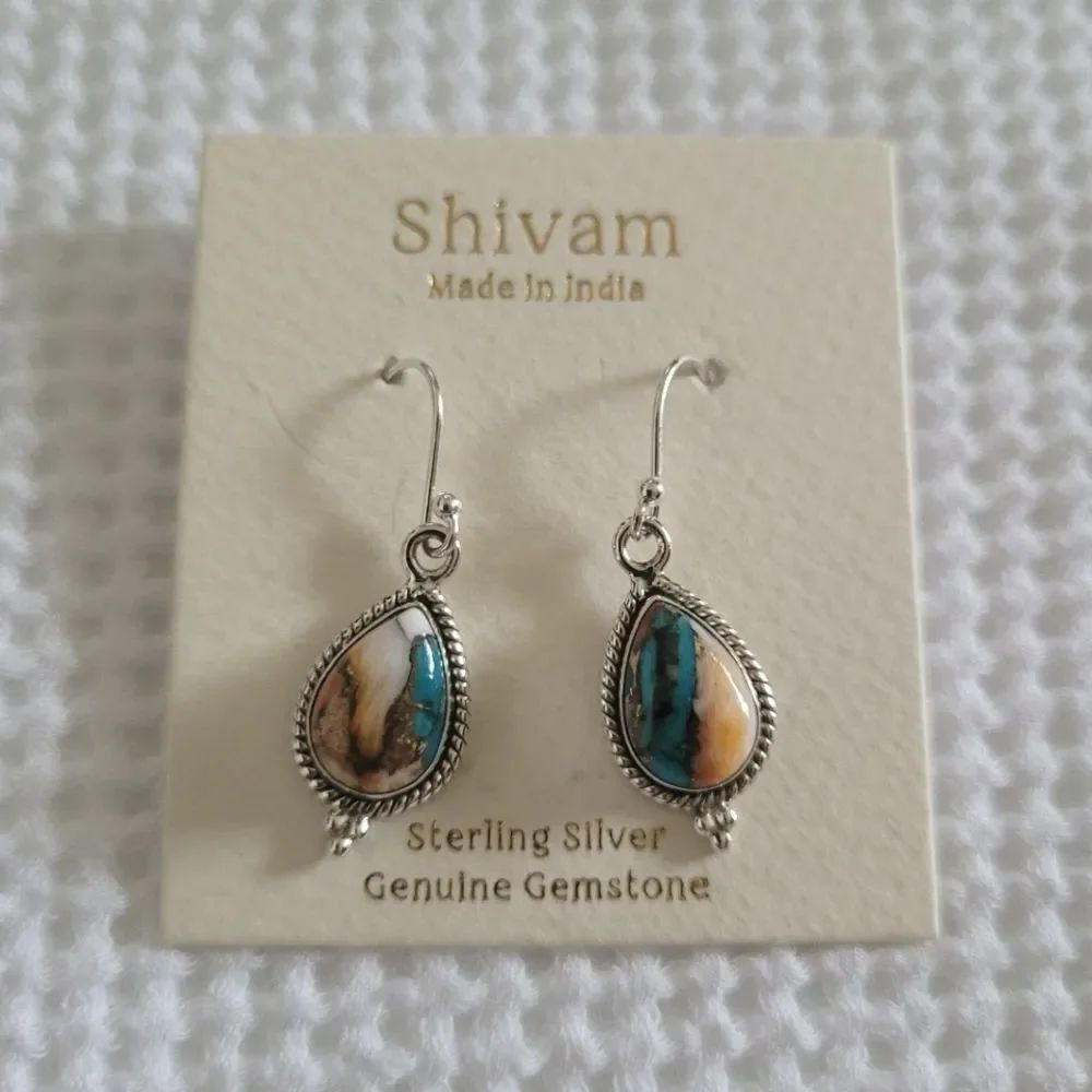 Shivam Oyster Blue💙 Copper Turquoise Teardrop💧 Earrings - Picture 8 of 12